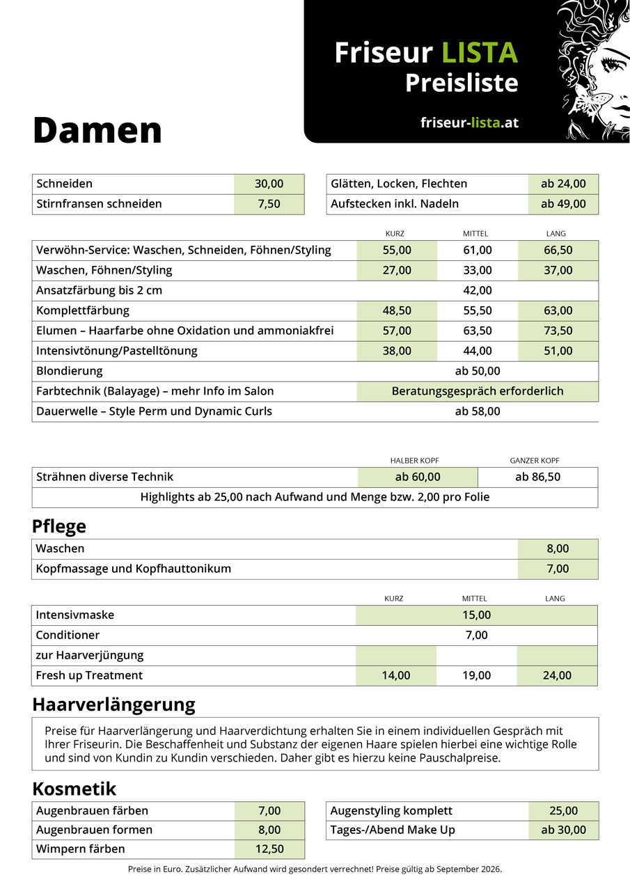Friseur LISTA Preisliste Damen