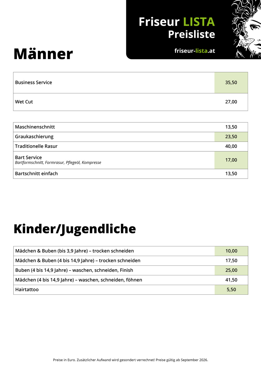 Friseur LISTA Preisliste Männer